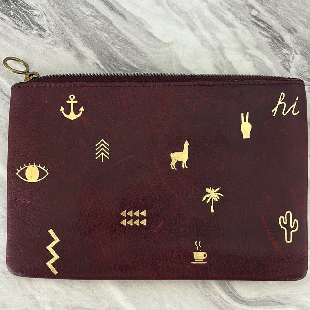 Madewell Burgundy Leather Clutch with Icon Gold Foil Embossing